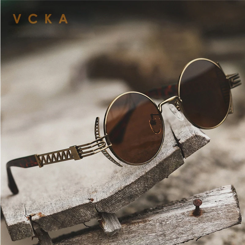 

VCKA Round Frame Sunglasses Retro Punk Style Heavy Metal Glasses Women Hip Hop European and American Men's UV400 Eyewear