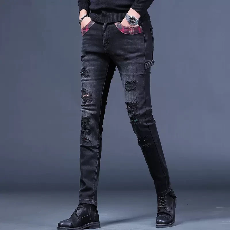 Men Ripped Patches Black Jeans Autumn Mens Slim Fit Pencil Pants Streetwear Fashion Plaid Patchwork Stretch Denim Trousers