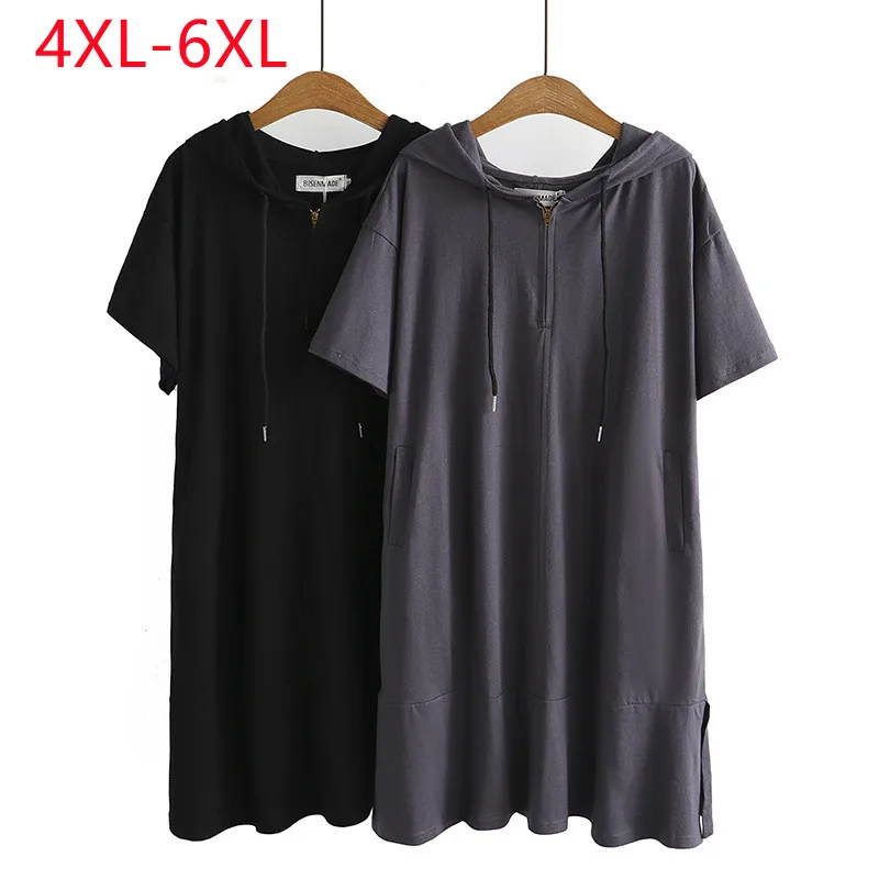 

Large Womenswear spring / summer 2022 new slim loose hooded grey split short sleeve Plus Size dress 4XL 5XL 6xl