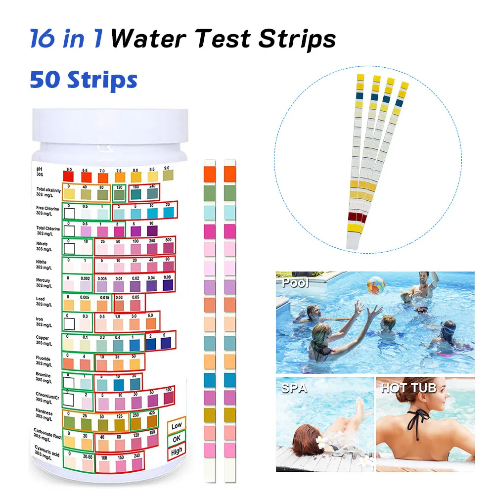 

16 In 1 Water Quality Test Strips Kit 50/100 Strips For Hardness PH Fluoride Lead Nitrate Home Drinking Water Quality Test Kit