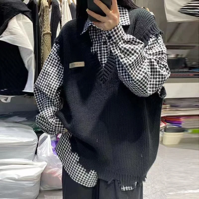 

Deeptown Vintage Distressed Sweater Women Korean Fashion Female Knit Vest Sleeveless Jumper Kpop Oversized Knitwear Harajuku