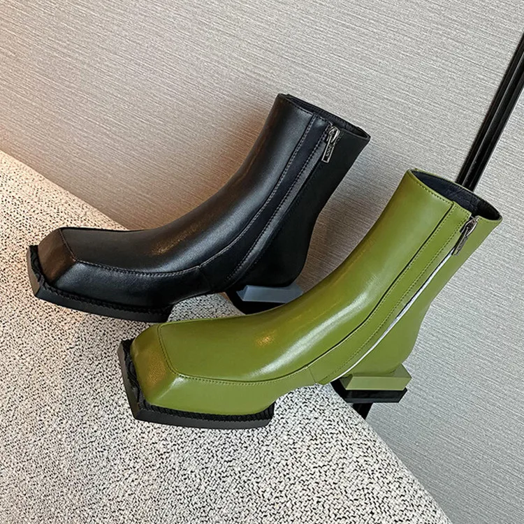 

Green Real Leather Women Autumn Chelsea Boots Vintage Design Square Toe Ankle Botas Side Zipper Black Winter Riding Botines