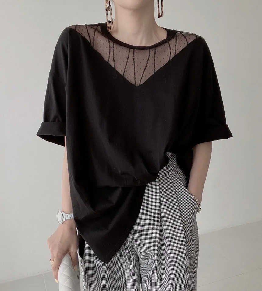 

Fashion Chic Korean Stitching Retro Mesh See-through Back Letter Printing Short sleeve T shirt Top All match Summer