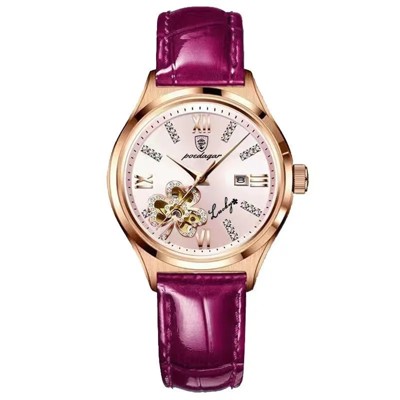 POEDAGAR Popular Waterproof Women's Watch Calendar Quartz Cowhide Watch Lucky Clover Series Blue Synthetic Gem Glass Mirror
