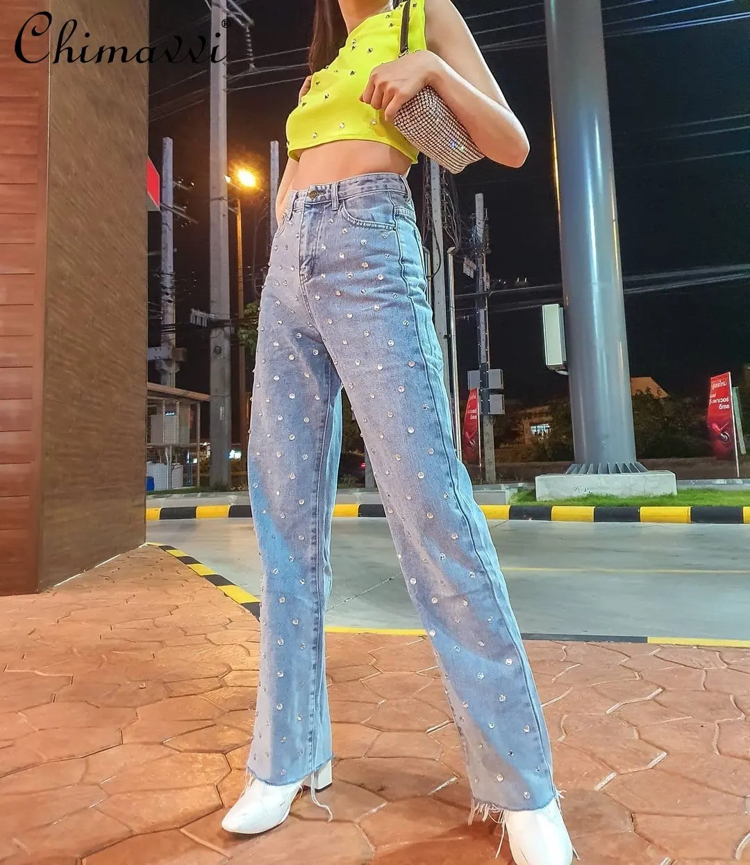 White Tassel Design Starry Rhinestone Wide-Leg Jeans Autumn Winter New Heavy Hot Drilling High Waist Straight-Leg Pants Women's