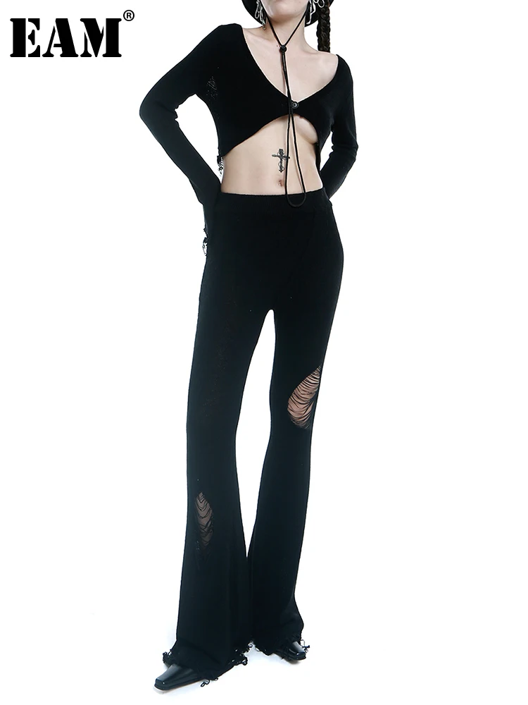 

[EAM] Wide Leg Pants Holes Two Piece Suit New V-Neck Long Sleeve Black Loose Fit Women Fashion Tide Spring Autumn 2022 1DE8341
