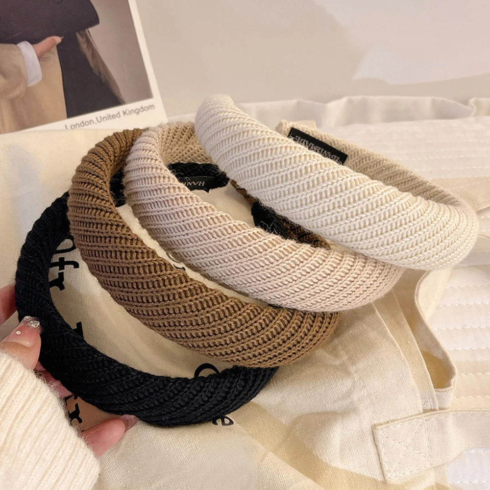 

Korean Knitting Wool Headband for Women Wide Side Sponge Hair Hoop Autumn Winter Milky Coffee Color Hair Band Hair Accessories