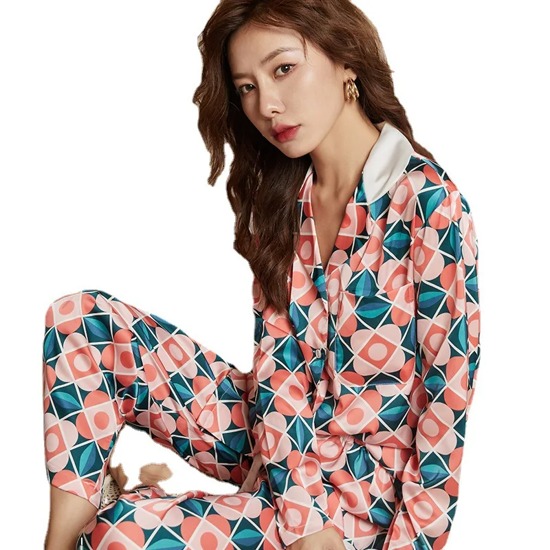 100% Silk Pajamas Women's Summer Ice Silk Long Sleeve Pants Two Pieces Ladies Simple Casual Loose Homewear Luxury Sexy Pjs