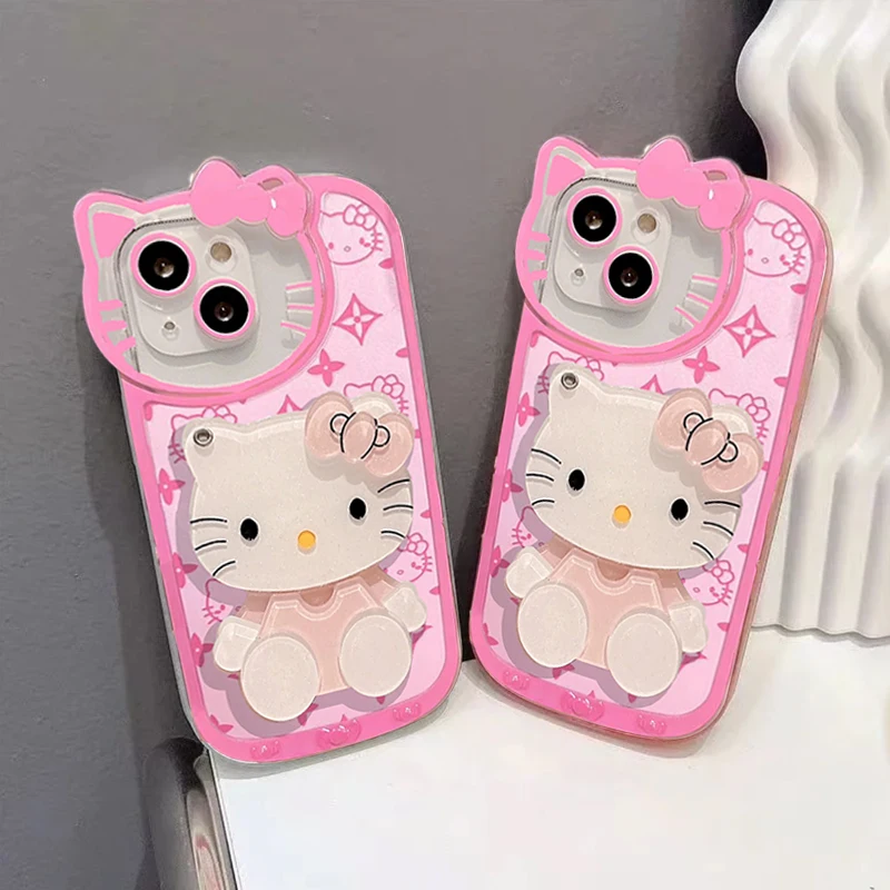 Милый розовый чехол Hello Kitty для телефона с зеркалом макияжа IPhone 11 12 13 14 15 Pro Max XS X XR 7 8