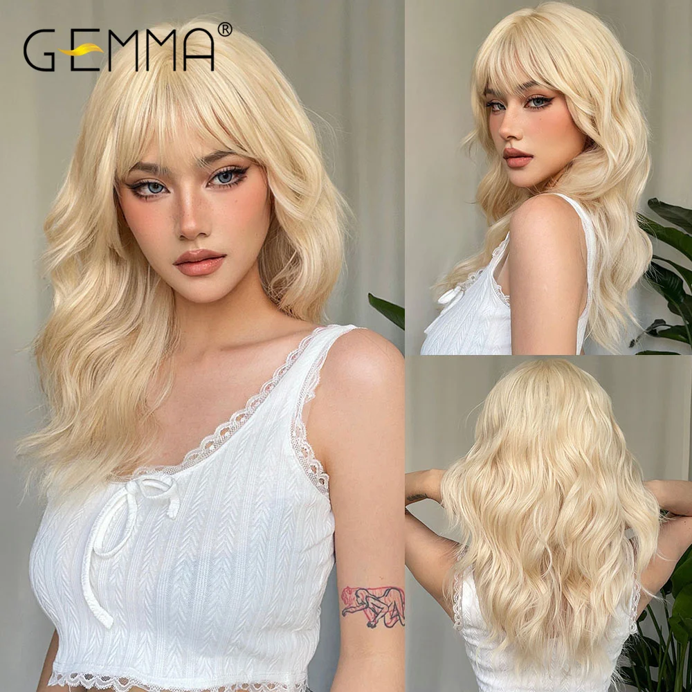 

GEMMA Blonde Synthetic Wig with Bangs for Women Medium Long Should Length Wave Natural Daily Wig Heat Resistant Fiber Fake Hair