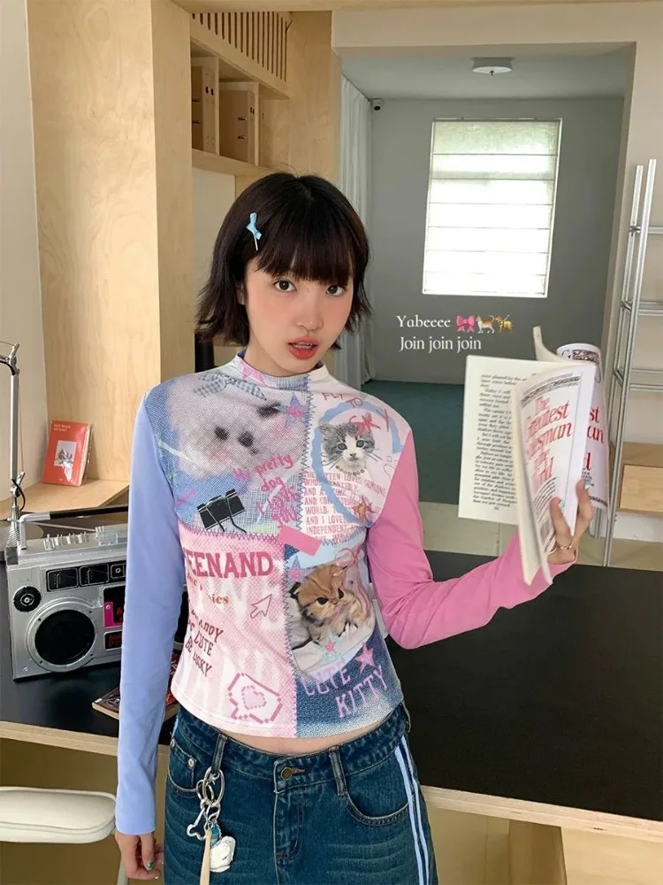 Kimutomo Y2k футболки женские винтажные с рисунком кота милые сексуальные базовые