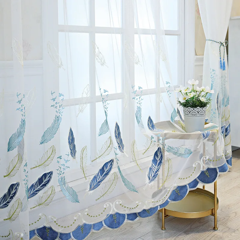 

2022 White Embroidered Curtains for Bedroom Living Dining Room Feather Sheer Tulle Window Ready Made Blue Wavy Lace