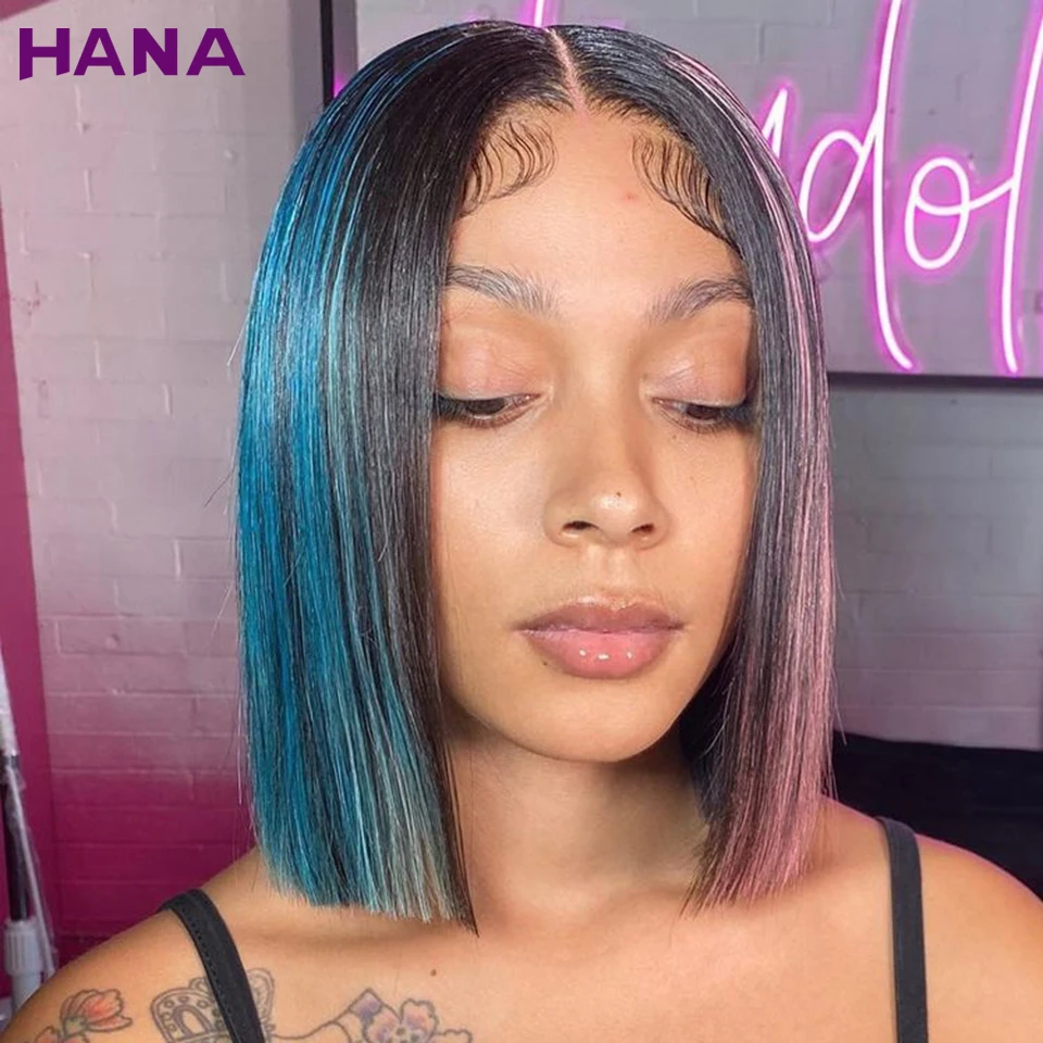 Короткий парик Боб розового синего желтого зеленого цветов 180% плотность прямые