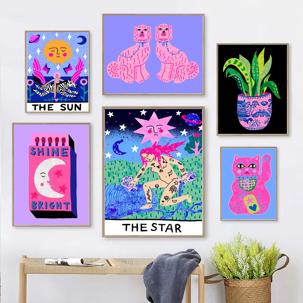 

Sun Star Tarot Card Tiger Leopard Art Poster Print Abstract Cat Animal Mural Canvas Painting Pink Picture Living Room Home Decor
