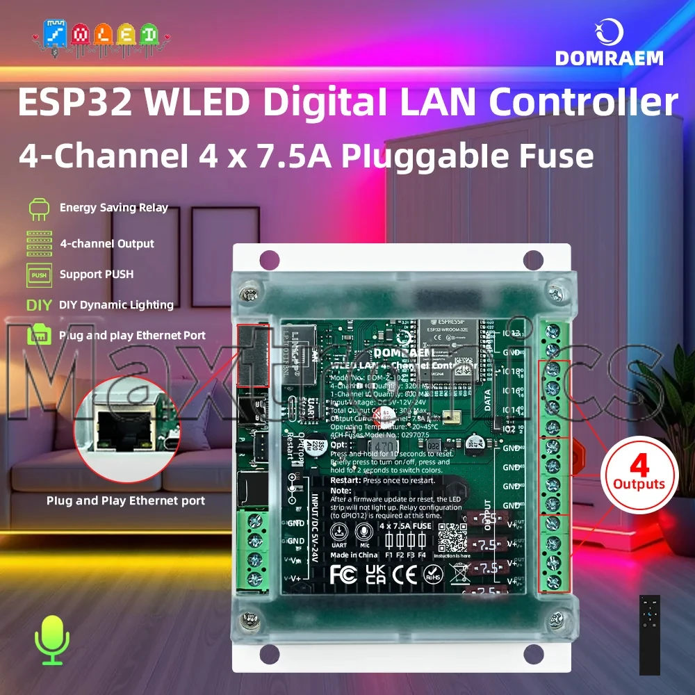 Фото НОВЫЙ контроллер ESP32 Ethernet WLED 2026 года, 20А/30А, 4 канала, крепление на DIN-рейку, независимые предохранители, DIY, Wi-Fi, синхронизация музыки для светодиодных лент WS2811/12 RGB №2