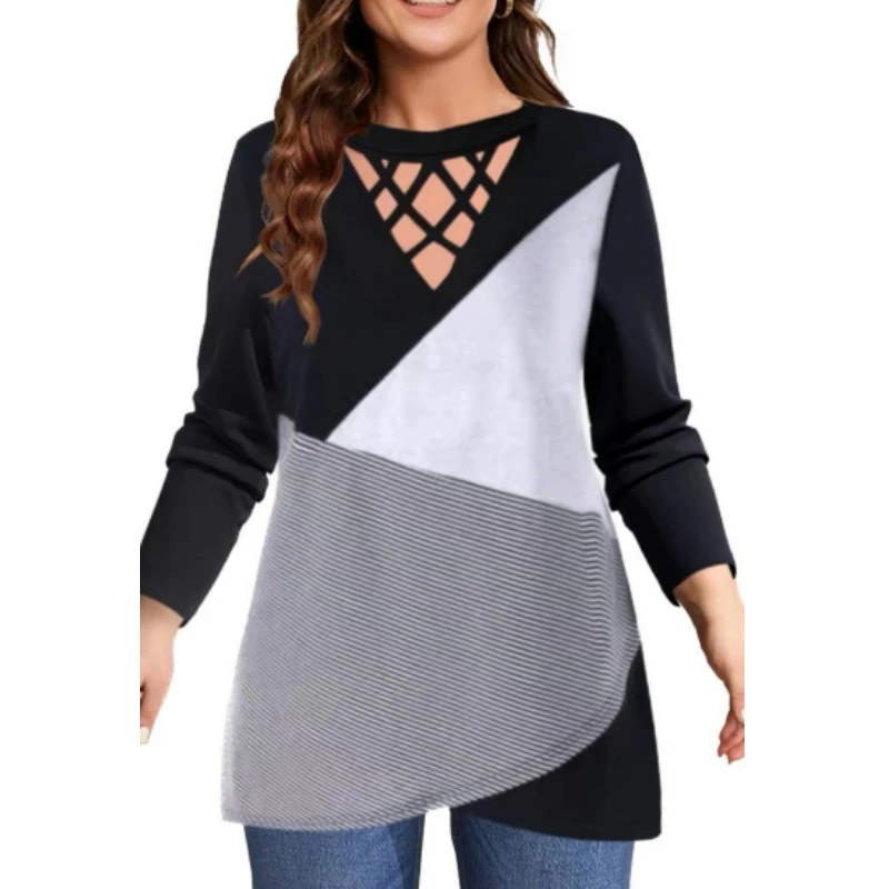 

2023 Autumn Fashion O-Neck Pullover Tops Harajuku Patchwork Loose T Shirt Women Casual Long Sleeve Shirt Blouse Streetwear