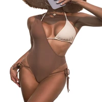 fs sexy women coffee monokini oblique one shoulder bikini set hollow out bathing suit halter lace up swimsuit two pieces summer