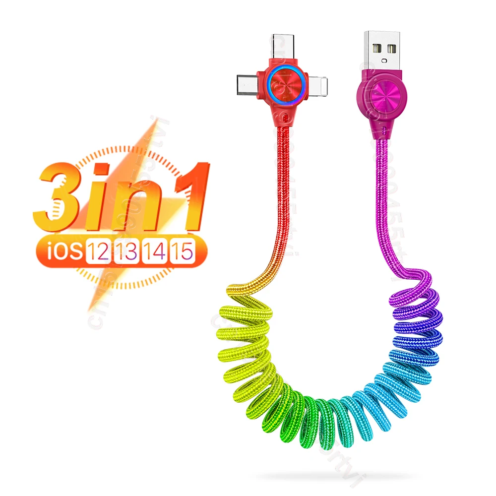 3-в-1 пружинный USB-кабель для iPhone 13 12 Pro выдвижной 3A QC3.0 Micro USB Type C зарядный кабель Xiaomi