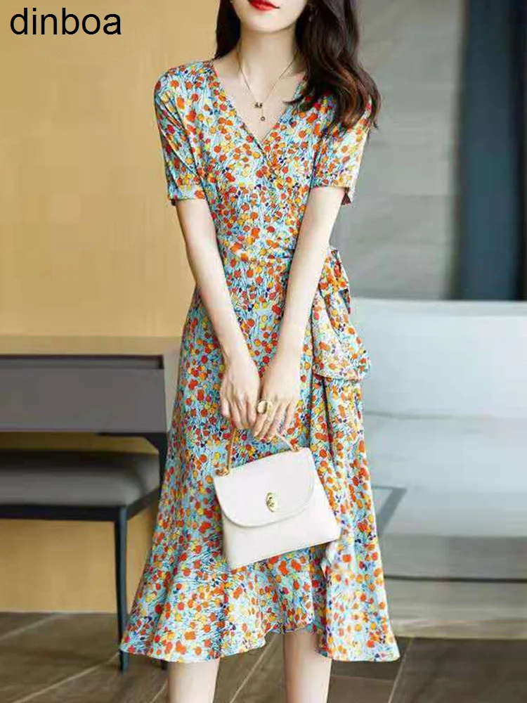 

Dinboa-Элегантное модное платье миди с оборками и V-образным вырезом, с цветочным принтом, Новинка лета 2022, благородное шифоновое платье с коротким рукавом и разрезом, изящное Y2k