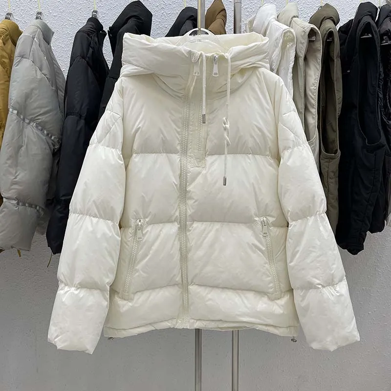 

Winter Zipper Design Hooded Light Feather Jacket Women 90% White Duck Down Coat Casual Loose Fluffy Warm Thick Outwear