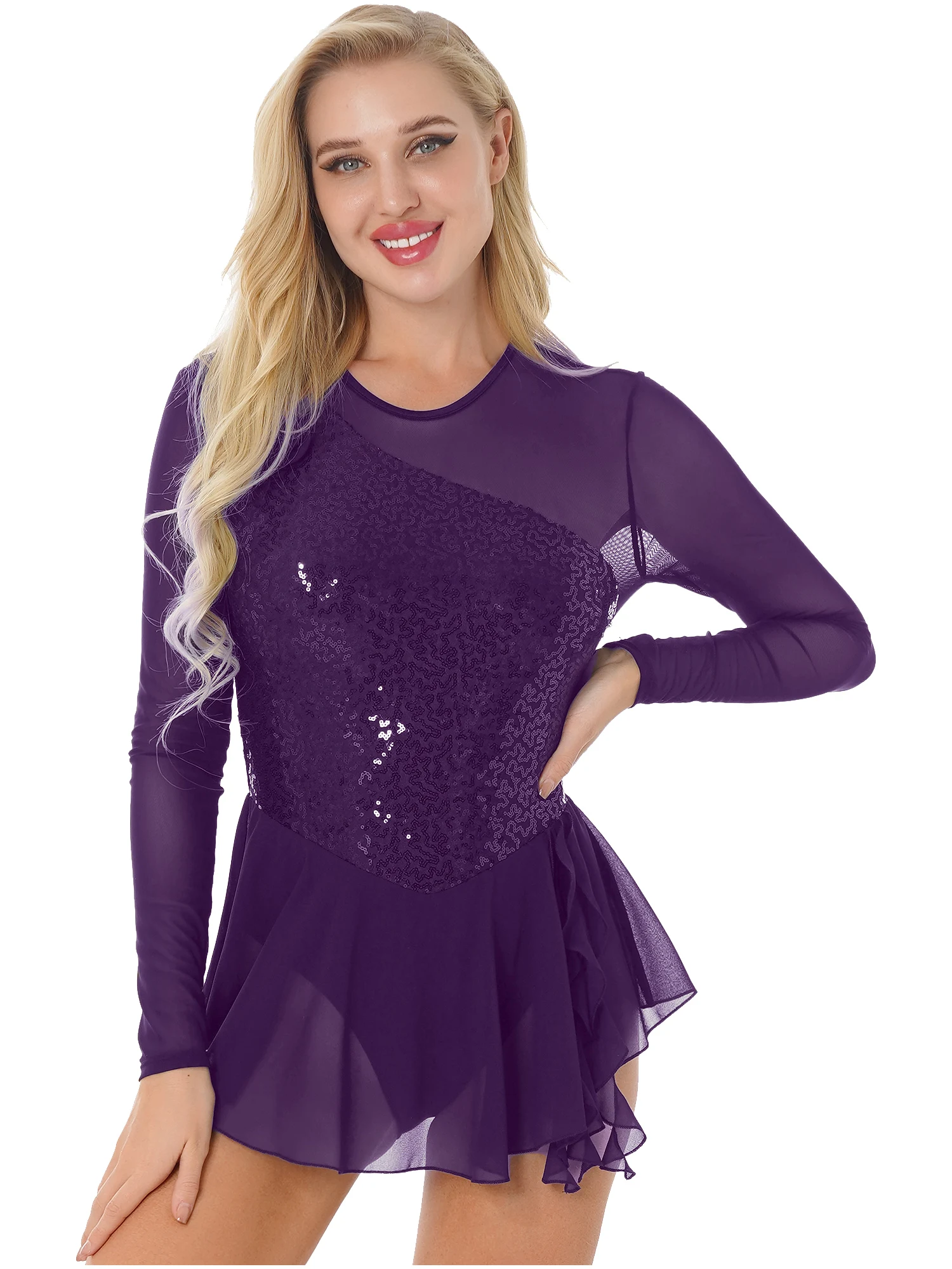 

Glittery Sequins Figure Skating Dance Dress Women Long Sleeves Sheer Mesh Patchwork Dress Figure Skating Competition Costumes