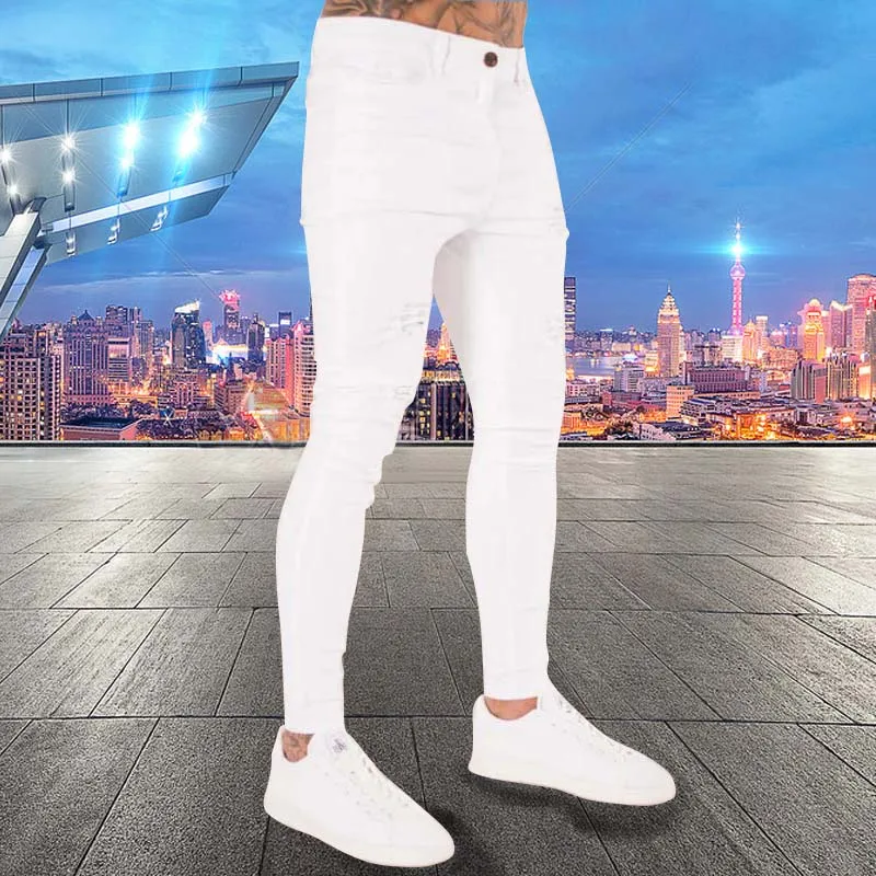 2021 New Men's Slim White Jeans Fashion Ripped Holes Skinny Destroyed Denim Pants Male Streetwear High Quality Joggers Jeans