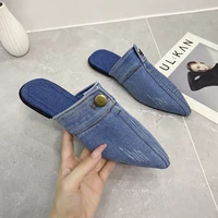 blue denim flip flops pointed toe slippers outdoor slingback mules slip in flats simple womens toe slippers zapatillas mujer