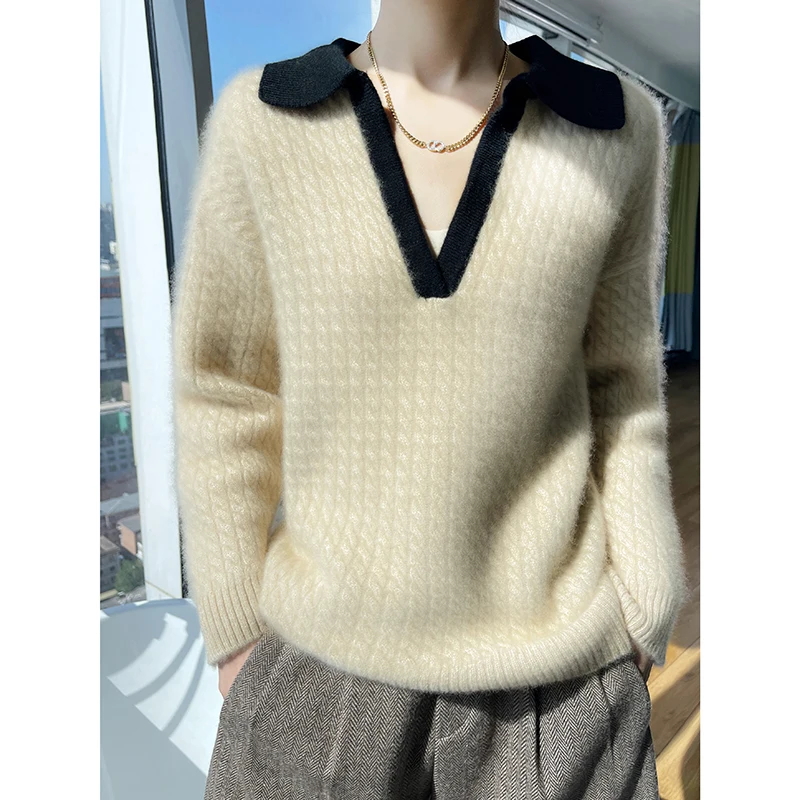 Пуловер с V-образным вырезом Женский свитер из 100 шерсти однотонный вязаный