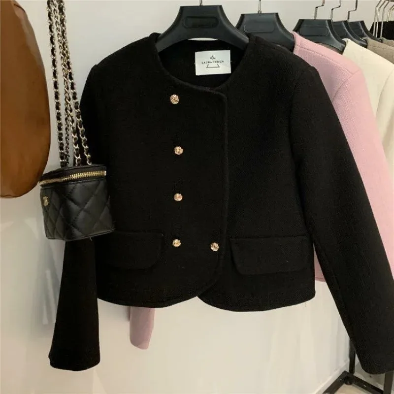 Elegant Slimming Tweed Style Jacket Women's Cropped 2024 New Version Socialite Windbreaker Trendy Wool Blends