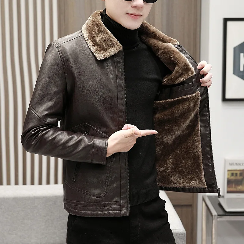 

Mens Thick Fleece Pu Leather Jackets Male Casual Fashion Slim Windbreak Coats Men Faux Fur Plush Leather Coat Winter Velvet Warm