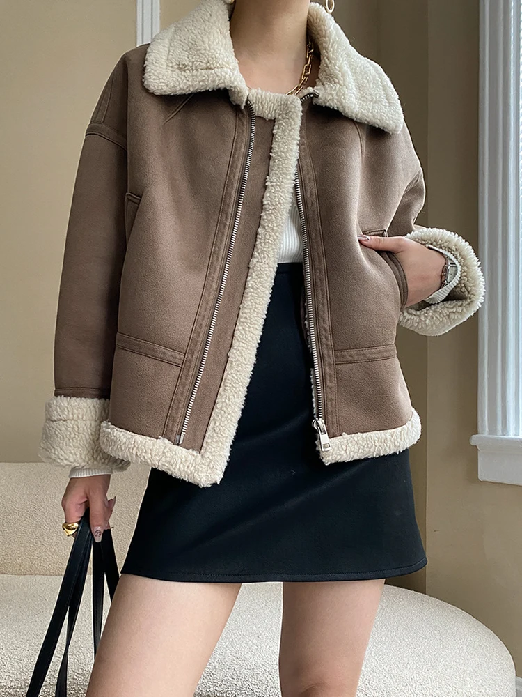 Ailegogo New Autumn Winter Women Loose Zipper Faux Suede Leather Lamb Jacket Vintage Female Thick Warm Fur Short Coat Outwear