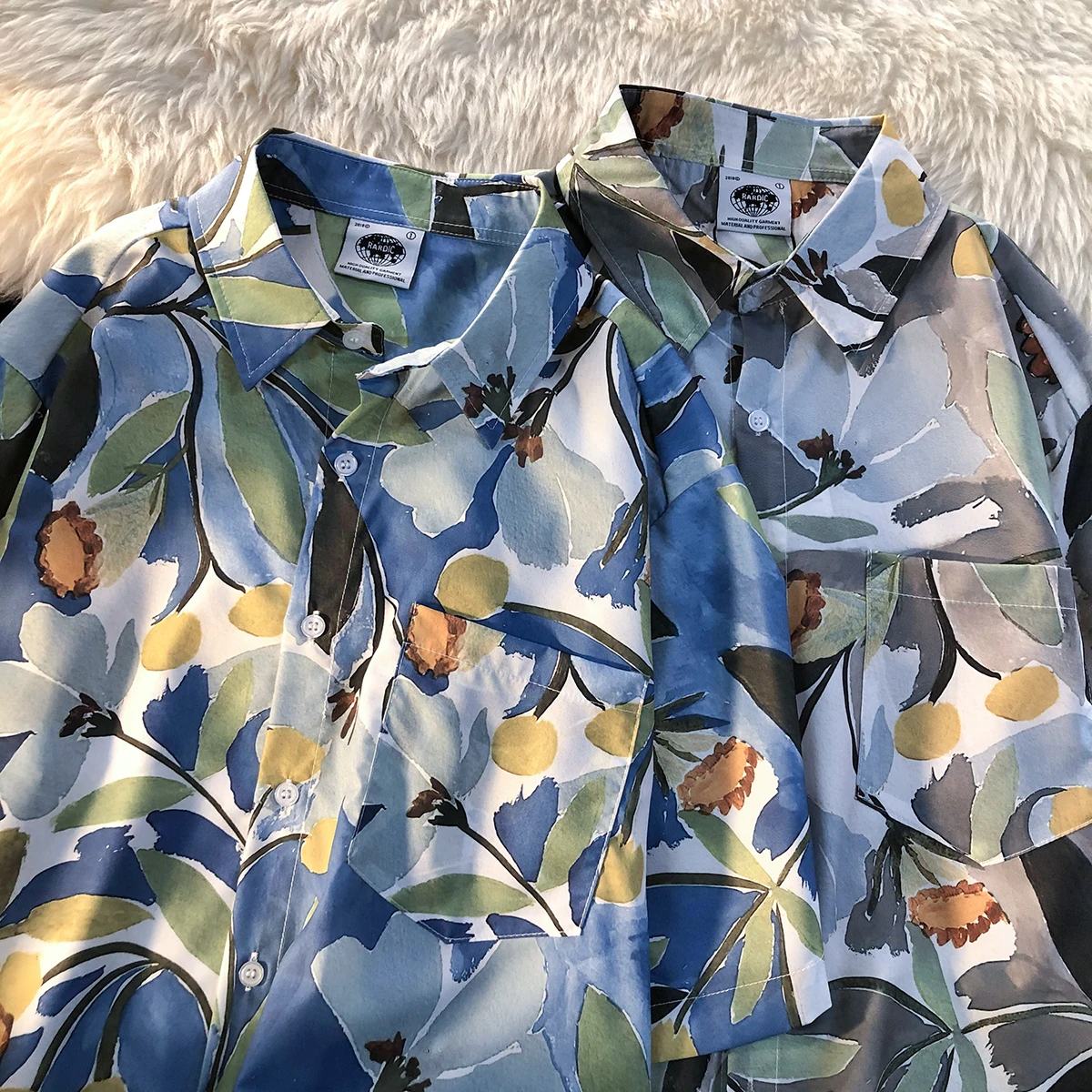 

korean Long Sleeve Unisex blouse summer Women flower print blue Shirts casual oversized Womens long y2k Tops Blouses streetwear