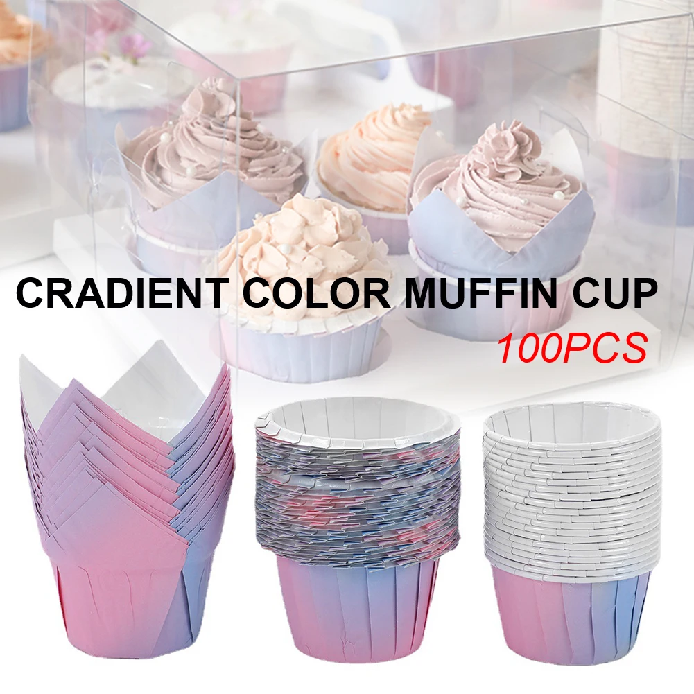 100Pcs Tulip Cupcake Cup Non-Stick Muffin Liner Grease-proof Baking Cups Wrapper Cupcake Paper for Wedding Party Baking Tool