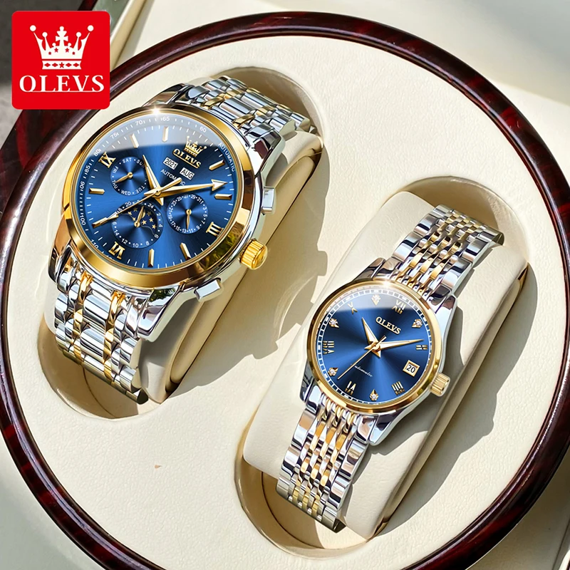 OLEVS 2022  Automatic Mechanical Luxury Couple Watch Fashion Blue Dial Luminous Weekly Calendar Display Couple Watch Waterproof