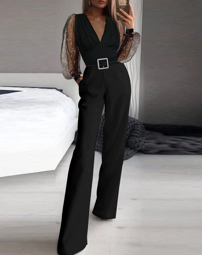 

Female Clothing Jumpsuit Women 2023 Autumn New Fashion Casual Deep V-Neck Glitter Sheer Mesh Lantern Sleeves Wide Leg Jumpsuit