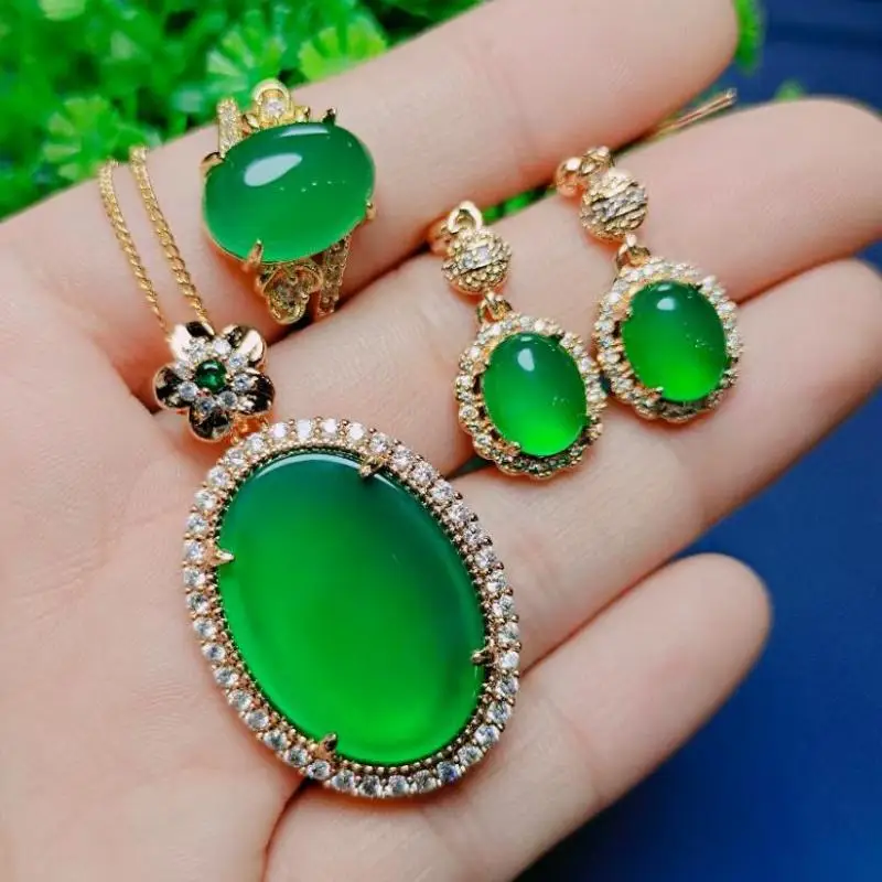 

Серьги из натурального зеленого нефрита, кольцо и кулон, ожерелье, комплект ювелирных изделий для женщин, сертифицированные нефритовые камни хризопраза, ювелирные изделия из драгоценных камней