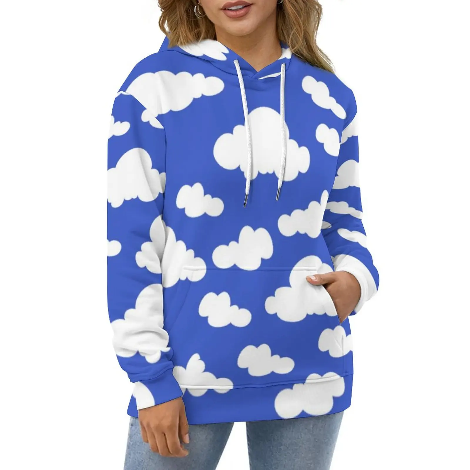

Cartoon Cloud Casual Hoodies Cloudy Blue Sky Print Loose Hoodie Long-Sleeve Streetwear Oversized Sweatshirts Birthday Present