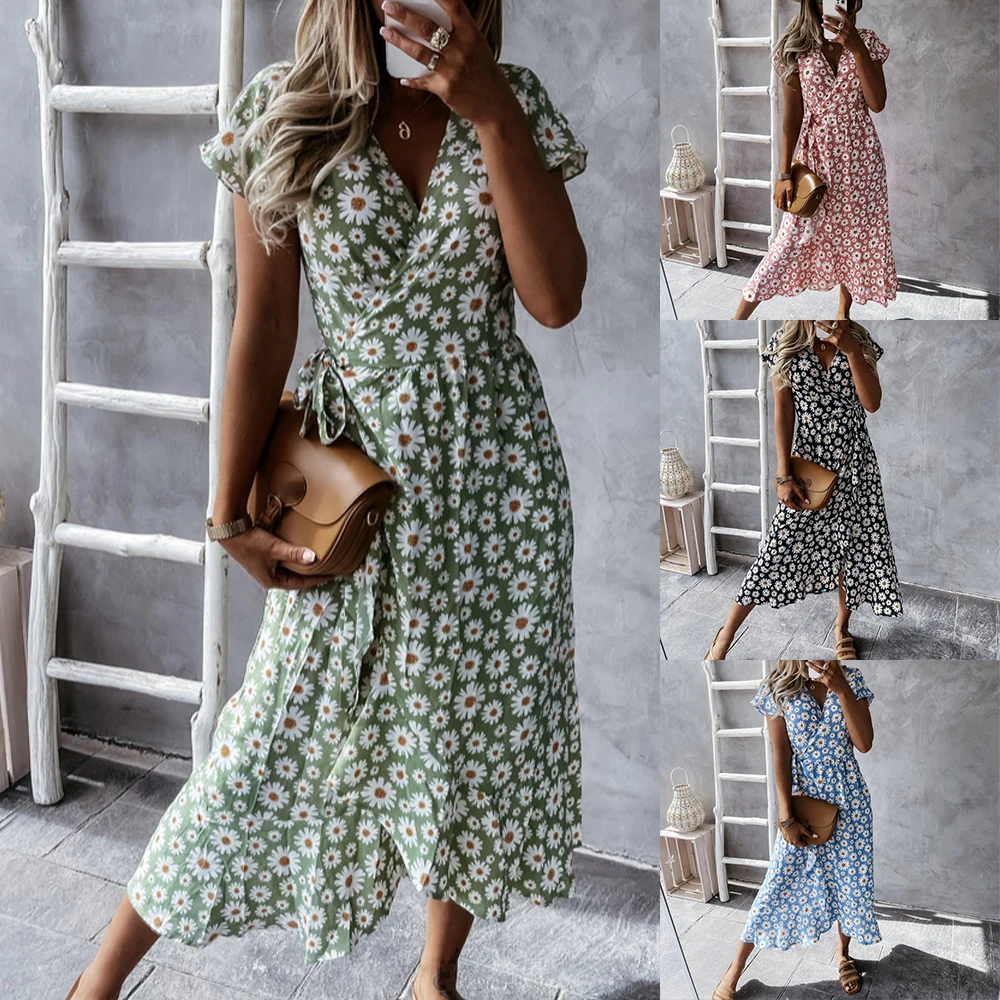 

Casual Women's Dresses Short Sleeve Loose Maxi Beach Tunics Dress Retro Daisy Print Wrap Female Beach Party Casual Long Vestido