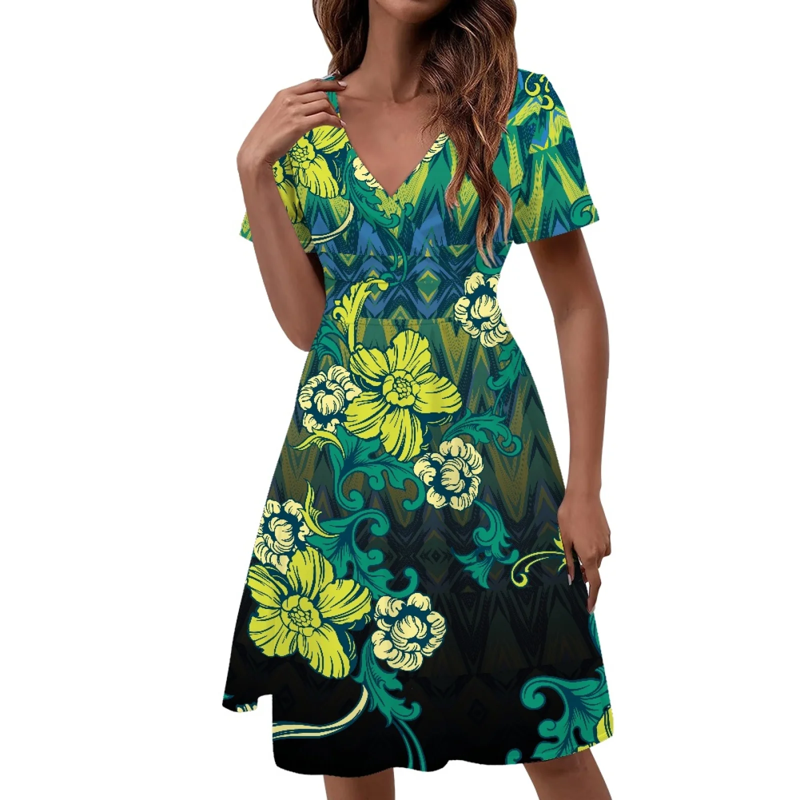 

Polynesian Tribal Samoan Totem Tattoo Samoa Prints Vintage Style Women's Clothing Elegant Party Dresses Slim Short Sleeve Dress