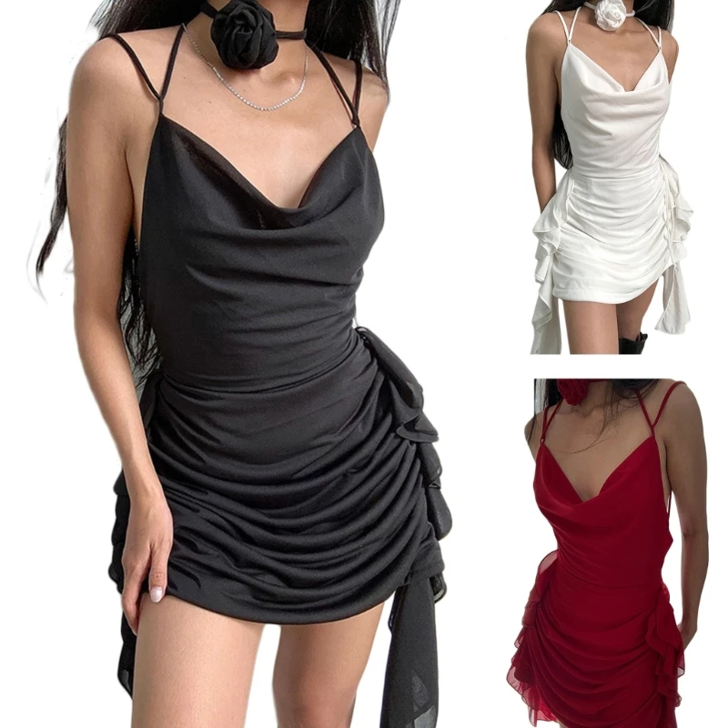 

Insgrams Dress Sleeveless Ruffle V-Neck Backless Sreamers Ruffle Holiday Bodycon Outfits for Womens Summer Parties