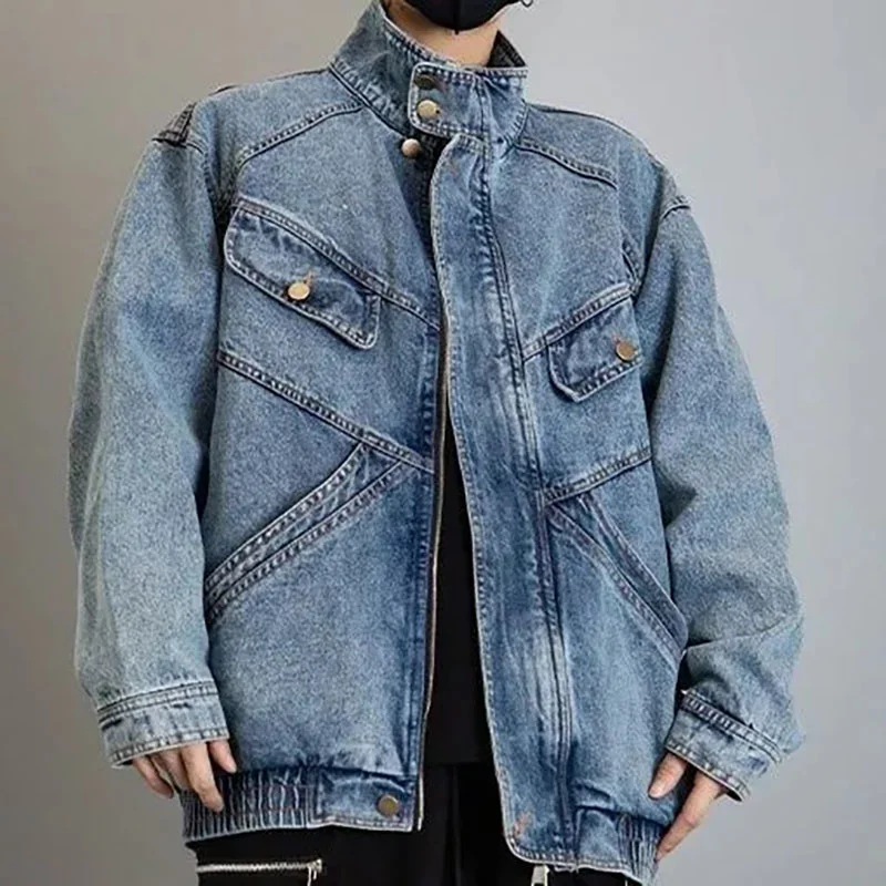 

High Street Vintage Denim Jacket Men Women Harajuku Stripe Design Varsity Coat Spring Casual Loose Cargo Jackets Unisex 2023