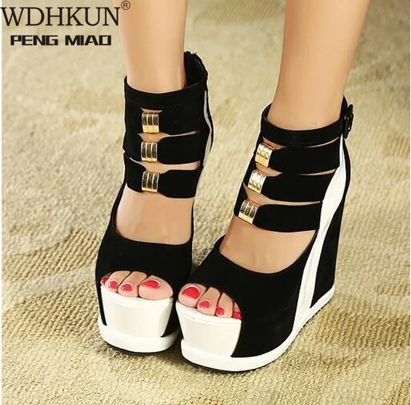 

Woman Shoes 2020 Summer Genuine Women Platform Thick Soles Sandals Wedges High Heel 14cm Peep Toe Mixed Colors Sexy Shoes
