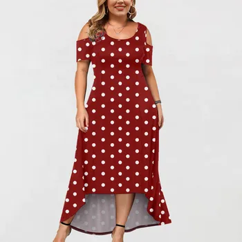 Dot Polka Printed Dresses O Neck Off Shoulder Short Sleeve Womens Large Size Dress Female Ruffle Hem Cotton Maxi Dresses 1
