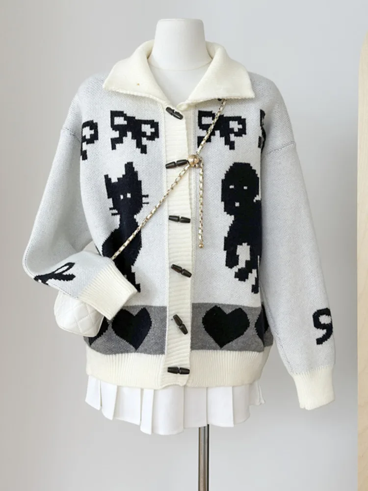 Женские вязаные кардиганы с рисунком кота в стиле ретро корейский шикарный