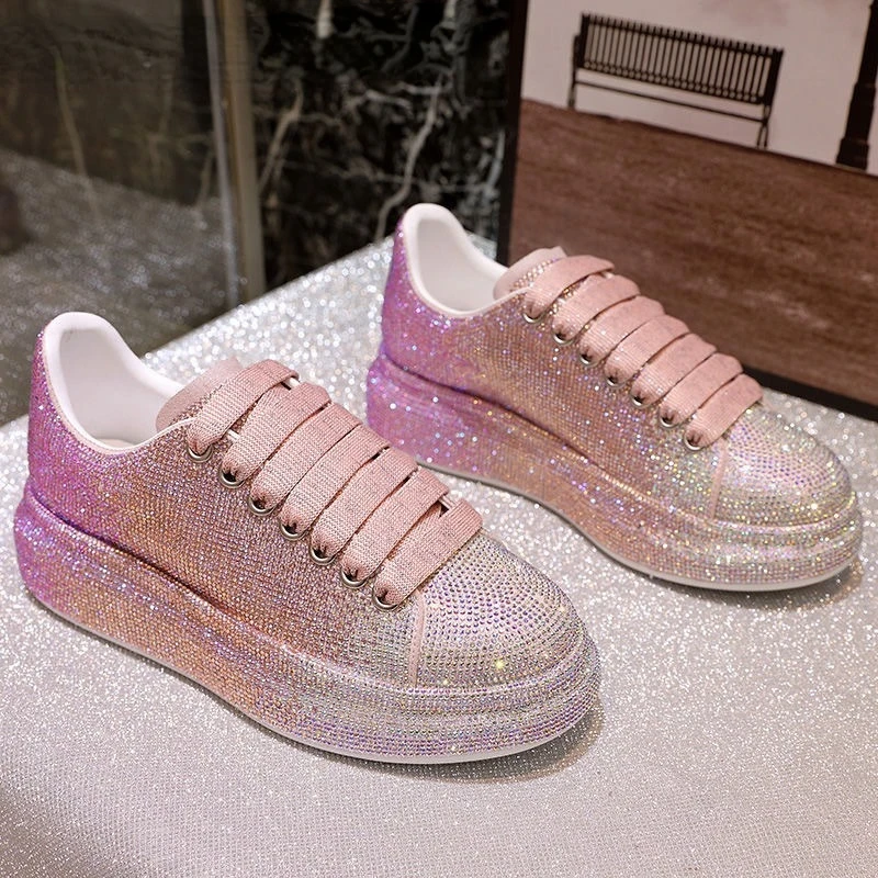 

Женские кожаные туфли на платформе, кроссовки на платформе с блестками и стразами, осень 2022