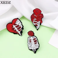 creative punk rose flower skull enamel pin red heart organ heart hand bone brooch lapel backpack brooch mens womens jewelry gi