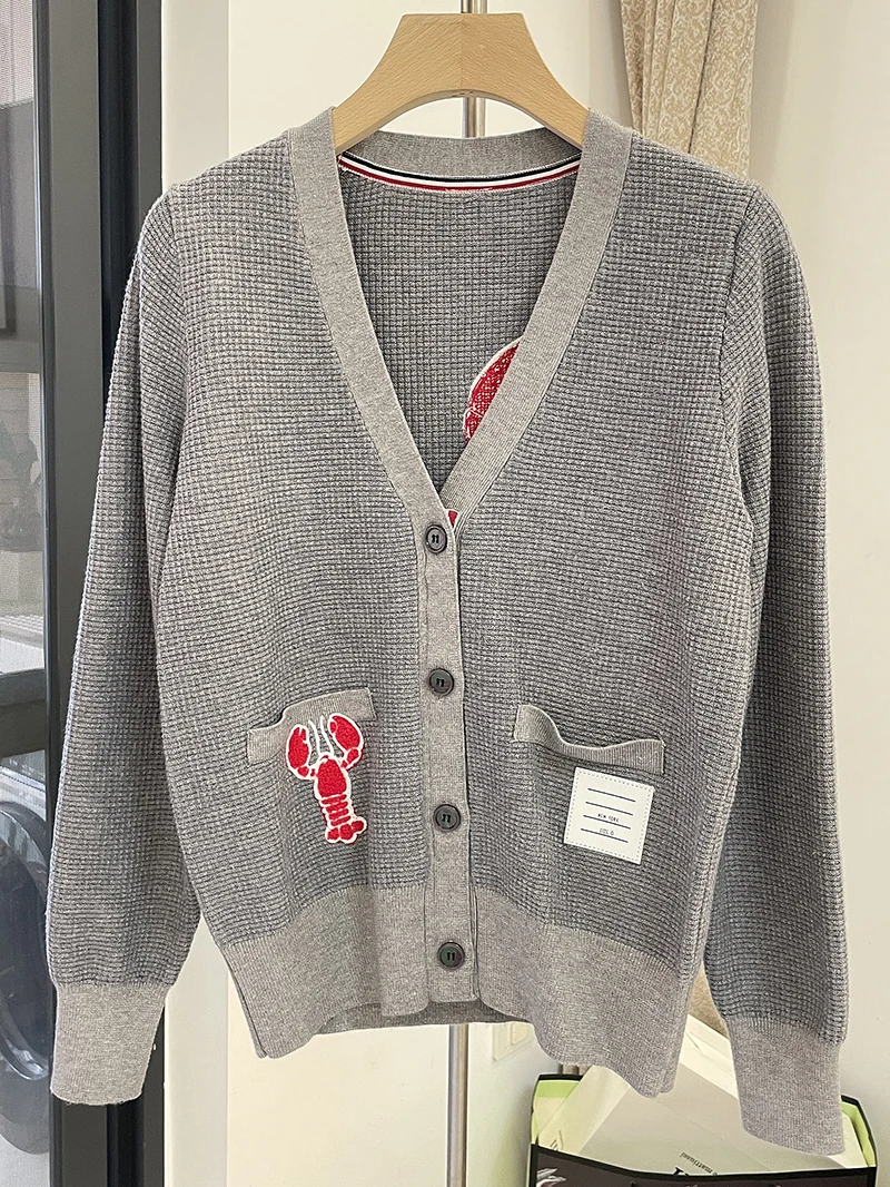 TB Lobster Embroidery Knit Cardigan Women Waffle Grey Wool Knit Top Loose  Fall Winter Coat - купить по выгодной цене | AliExpress