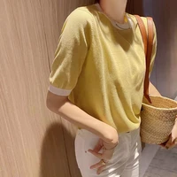 fashionable little fragrance wind ice silk short sleeve womens t shirt round collar color summer casual knit half sleeve top
