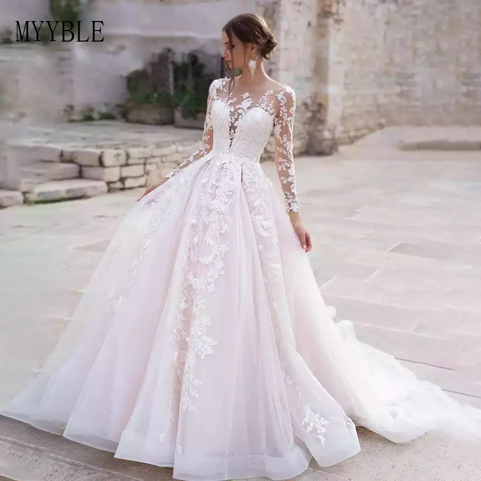 

Custom Made Long Sleeve Princess Wedding Dress 2023 Tulle Bride Dresses Chapel Train Appliques Bridal Gowns Vestido De Noiva