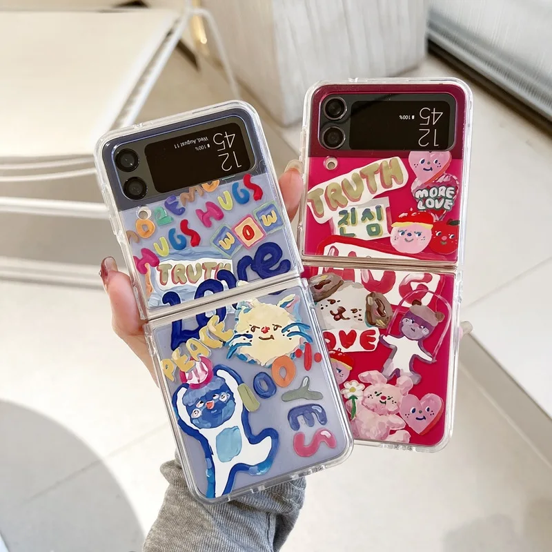 Colorful English Graffiti Cat Dog Phone Case for Samsung Galaxy Z Flip 4 3 Hard Cover for ZFlip3 Zflip4 Solid Shell Bracket